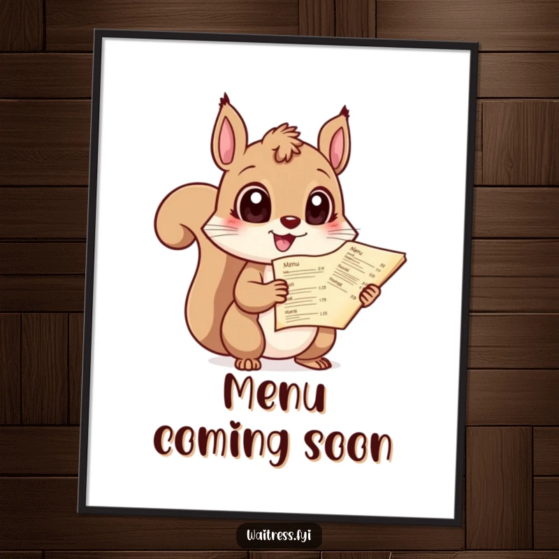 Funny poster art of a giggling squirrel with huge eyes, holding out a menu, radiating excitement and humor.