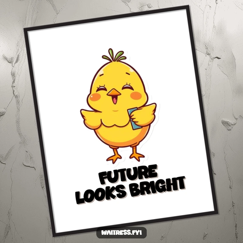 Funny yellow chick character captured mid-bounce, giggling with a small order pad, showcasing pure, uncontainable excitement.