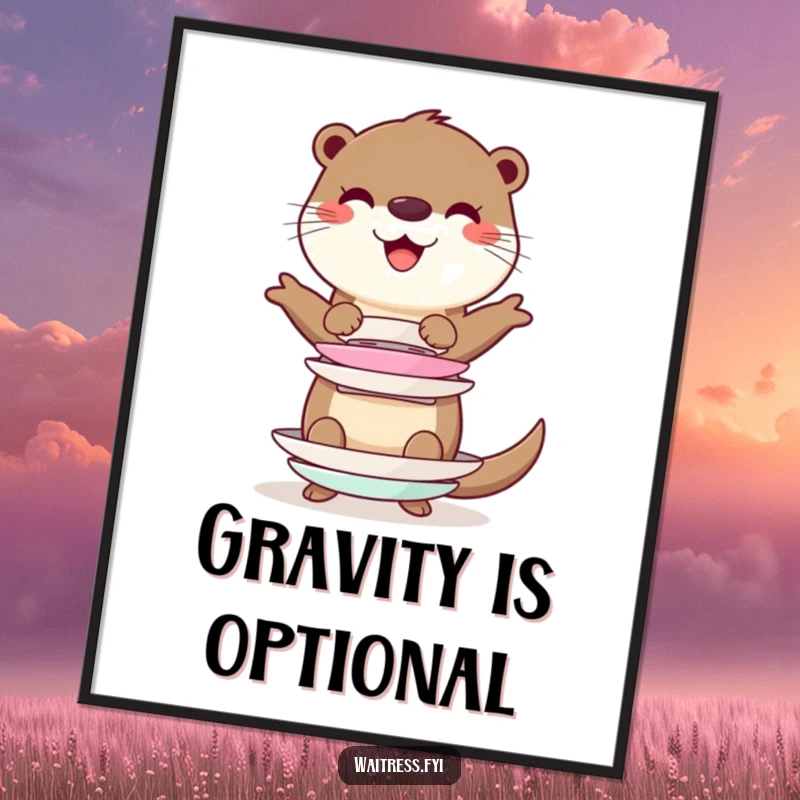 Funny cheerful otter character balancing a stack of imaginary plates on a poster, adding humor and charm to any room.