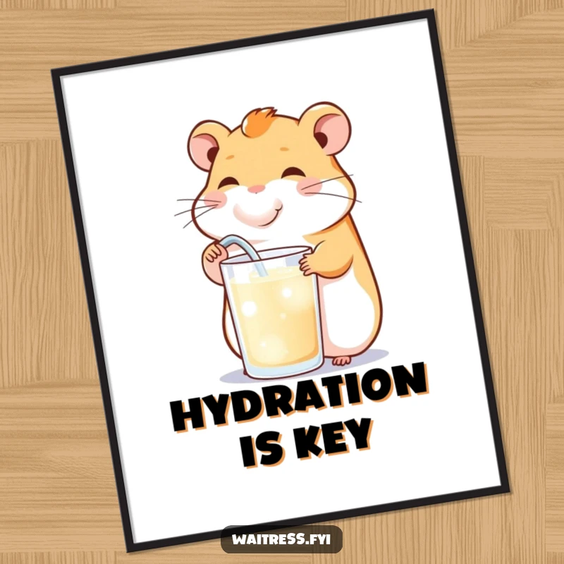 Funny poster of a happy hamster cheekily refilling a drink, bringing cheerful energy and humor to wall decor.