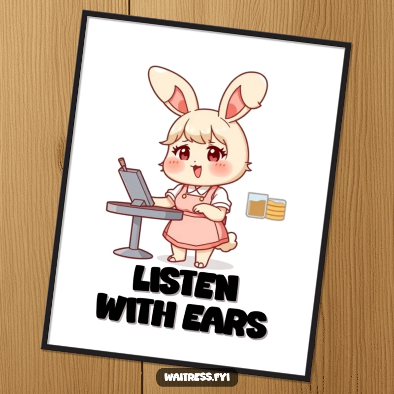 Funny bunny waitress poster showing a chubby bunny happily taking an order, perfect for decor and as a funny gift.