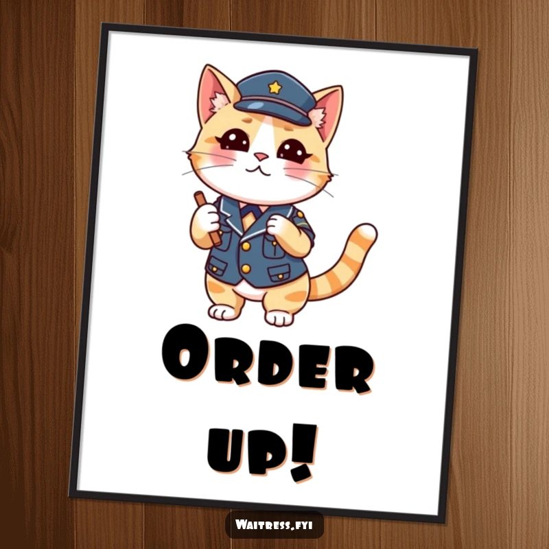 Funny Cat Waiter Poster with a playful cat in uniform winking, perfect wall art and a funny gift idea.