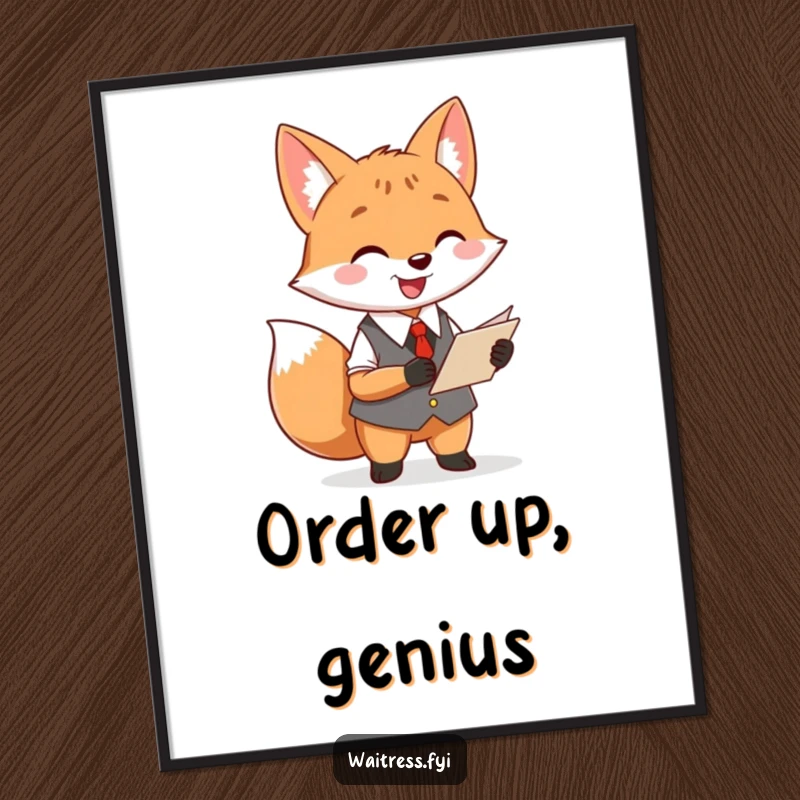 Funny fox waiter poster illustrating a cheerful fox happily taking an order with a notepad, adding witty ambiance.
