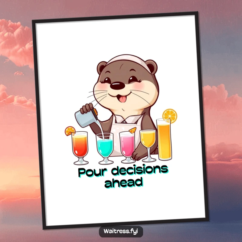 Funny otter waitress poster capturing a smiling otter skillfully pouring colorful drinks with an elegant flourish, ideal for humorous wall art.