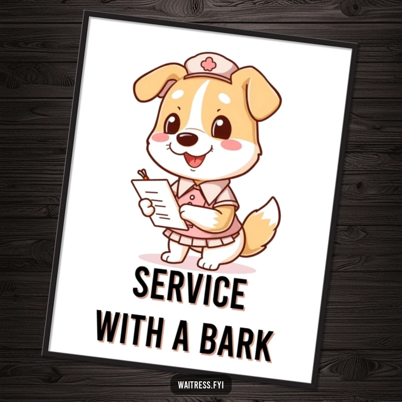 Funny Dog Waitress Poster of a smiling dog in a uniform, holding a notepad and pen, ready to serve.