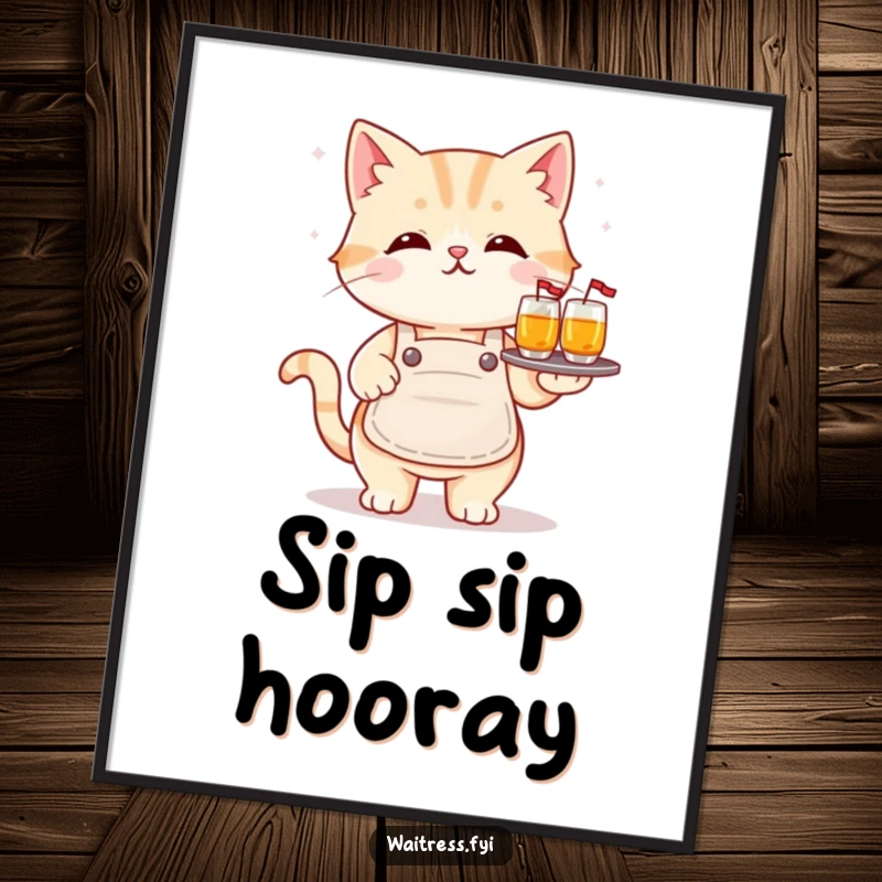 Funny kawaii cat poster showing a cute cat wearing an apron, balancing a tray of drinks, perfect for decor and as a funny gift.