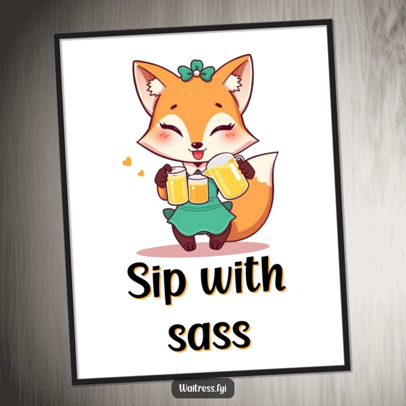 Funny Fox Waitress Poster: Playful fox winks while pouring juice, witty and humorous wall art.