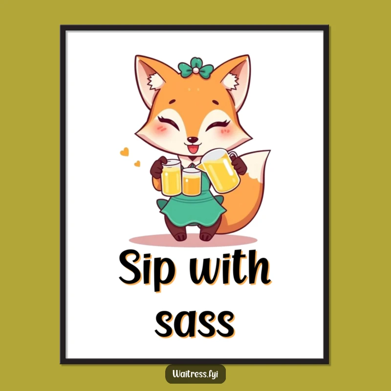 Funny Fox Waitress Poster: Winking Fox Art Print, Humorous Wall Decor for Playful Spaces