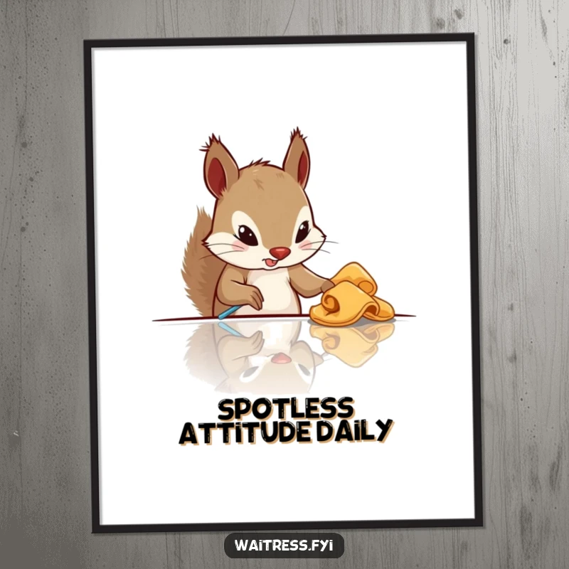 Funny squirrel cleaning poster artwork depicting a determined squirrel polishing a table with a cloth, humorous wall art.