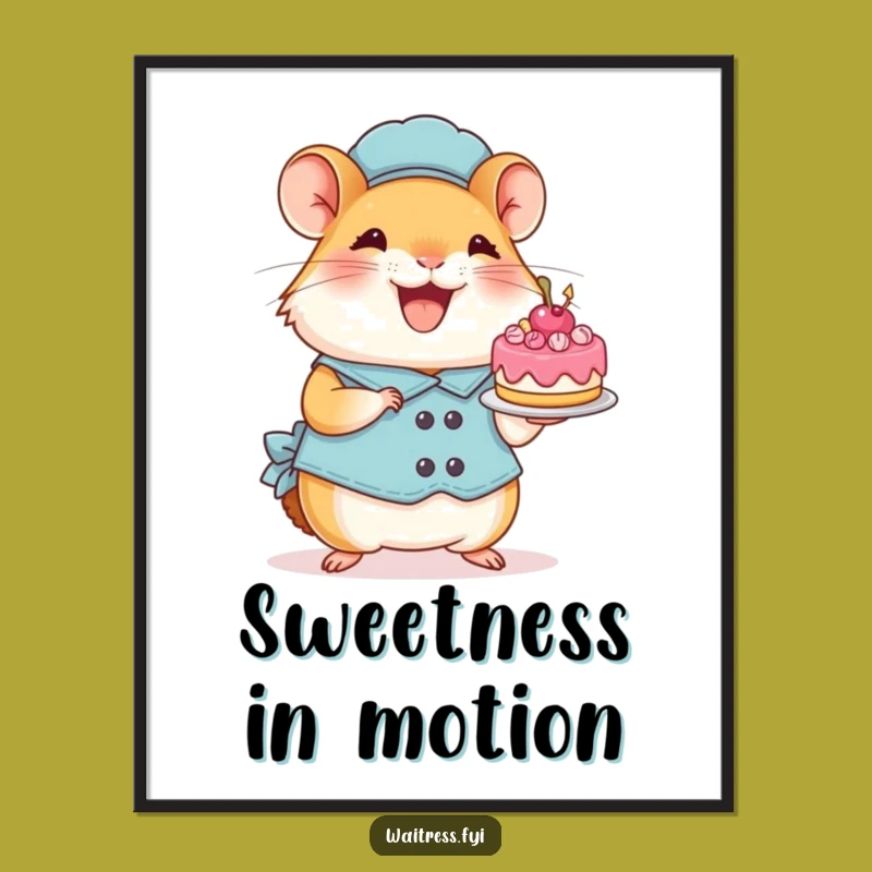 Funny Hamster Waitress Poster: Hamster Presents Cake, Cheerful Wall Art Funny Gift