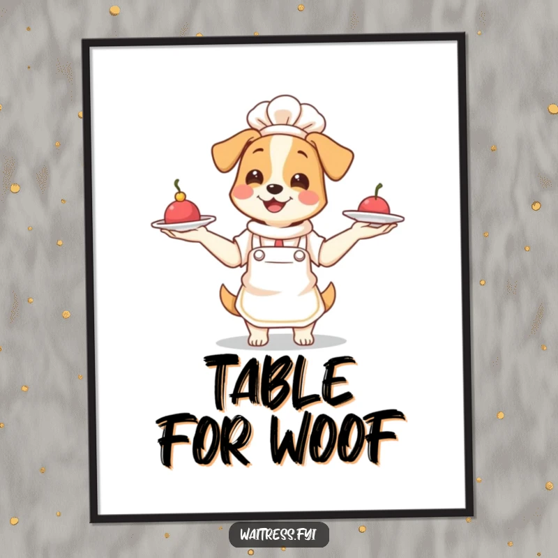 Funny Dog Waitress Poster: Smiling dog in apron juggling three plates, whimsical and humorous wall art.