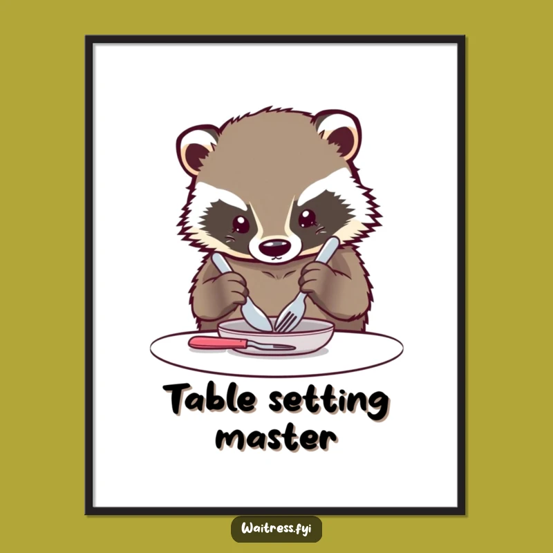 Funny Kawaii Badger Poster: Orderly Cutlery Art Print for a Tidy Decor