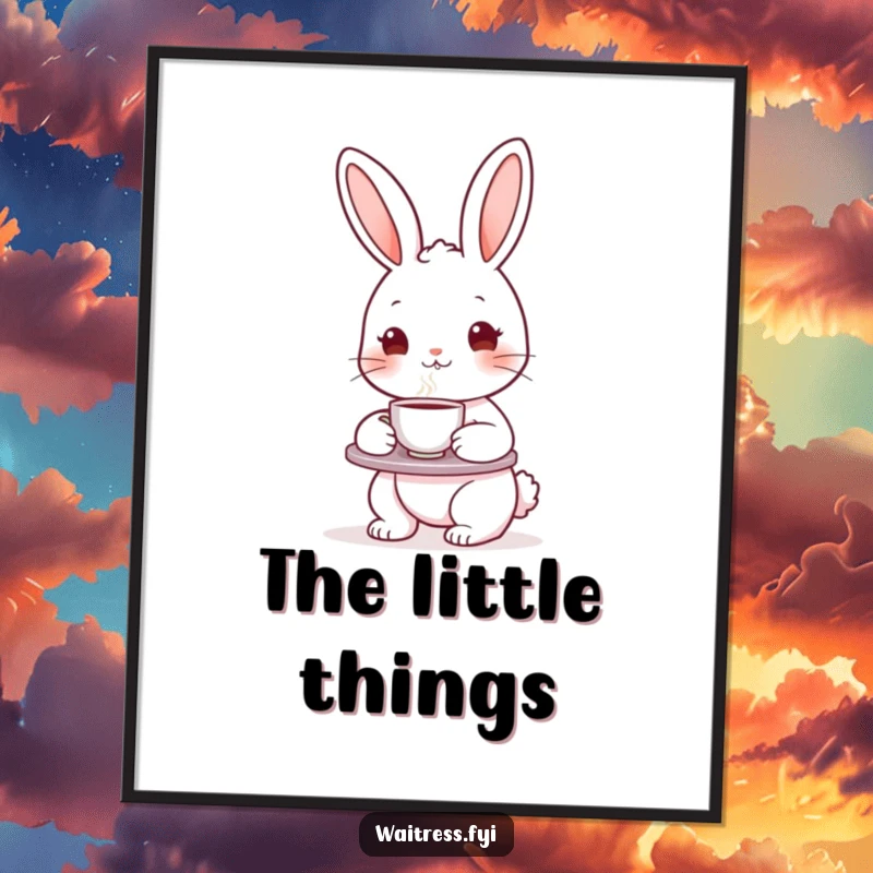 Funny bunny character with a tea tray and steaming teacup, presented as a delightful poster, adding humor and cuteness to wall decor.