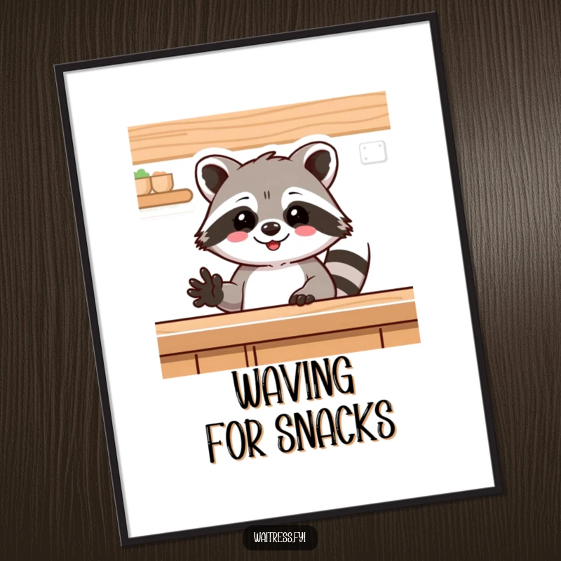 Funny raccoon poster, a delighted raccoon waving from behind a counter. Humorous wall art for kitchens, cafes or offices.