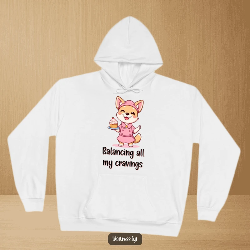 Funny Dog Waitress Hoodie featuring a smiling dog playfully balancing a delightful dessert, combining coziness with dessert-themed humor.