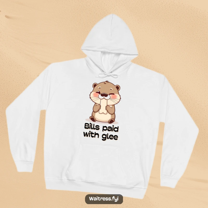 Funny hoodie featuring a giggling otter presenting a bill with a flirtatious wink, celebrating service industry humor.
