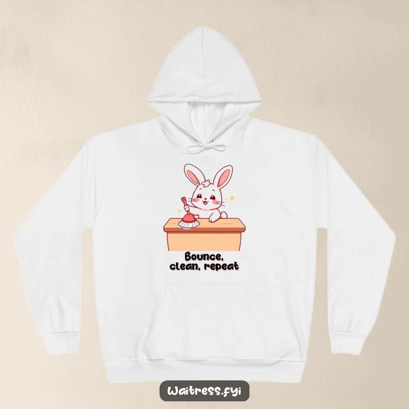 Funny Kawaii Bunny Hoodie: Adorable cartoon bunny cleaning a surface with gusto, perfect for fans of cute and cozy apparel.
