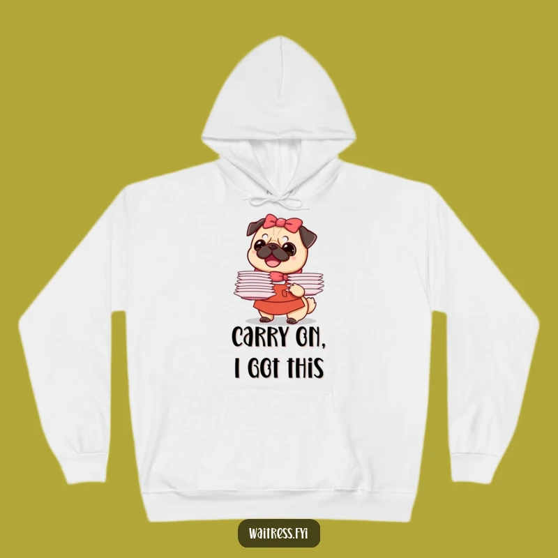 Funny Pug Waitress Hoodie: Cozy & Cute Dog Serving Smiles, Perfect Gift