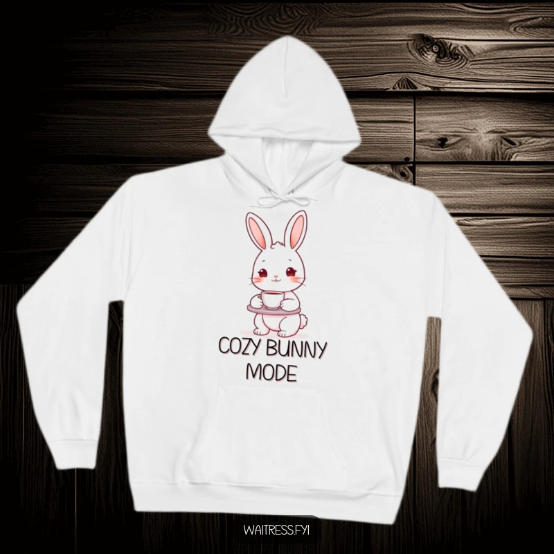 Funny bunny character holding a tea tray with a steaming teacup, depicted on a warm hoodie, perfect for cozy and cute animal enthusiasts.