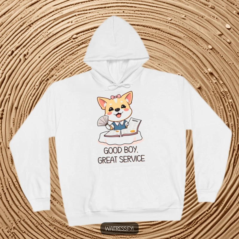 Funny dog waitress hoodie depicting a bubbly dog enthusiastically fanning a very large menu, providing warmth and humor.