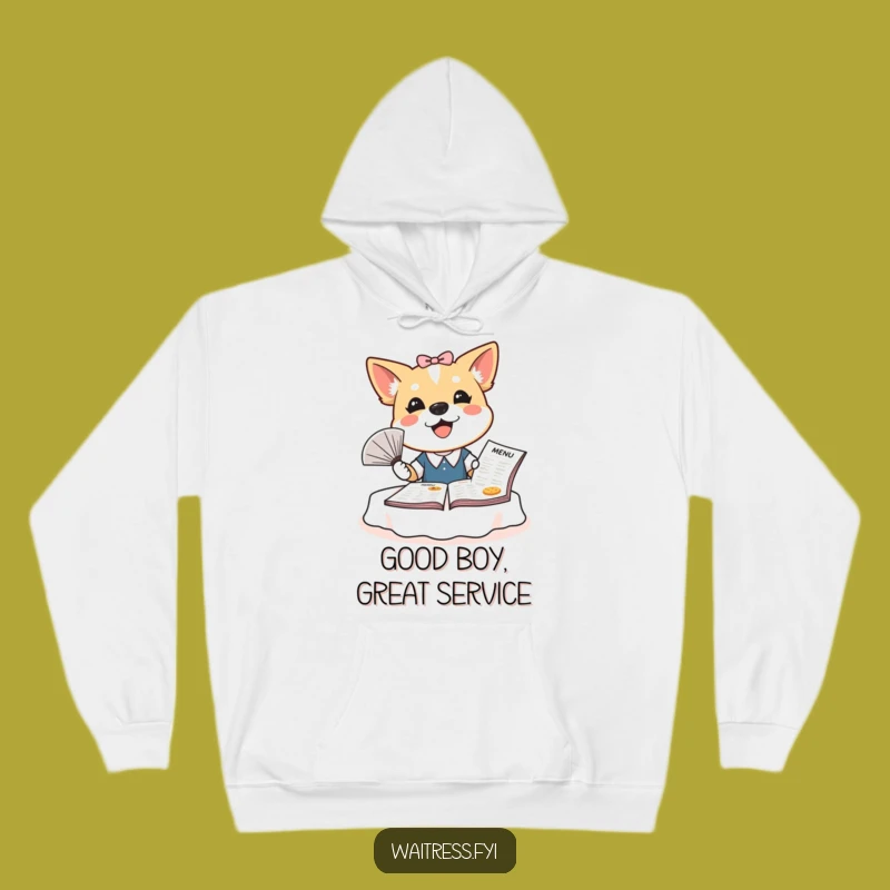Cozy Funny Dog Waitress Hoodie: Bubbly Pup Serving Smiles, Warm and Humorous Gift Idea