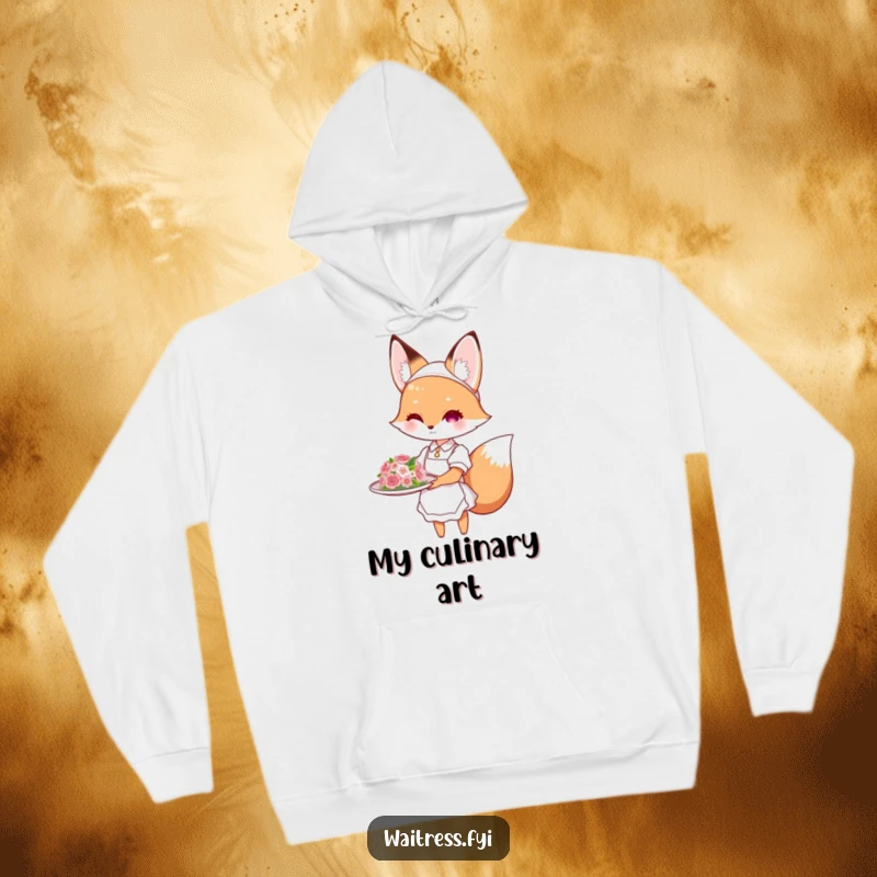 Funny fox waitress hoodie showing a cute fox presenting a flower-decorated dish, offering warmth and a humorous funny gift.