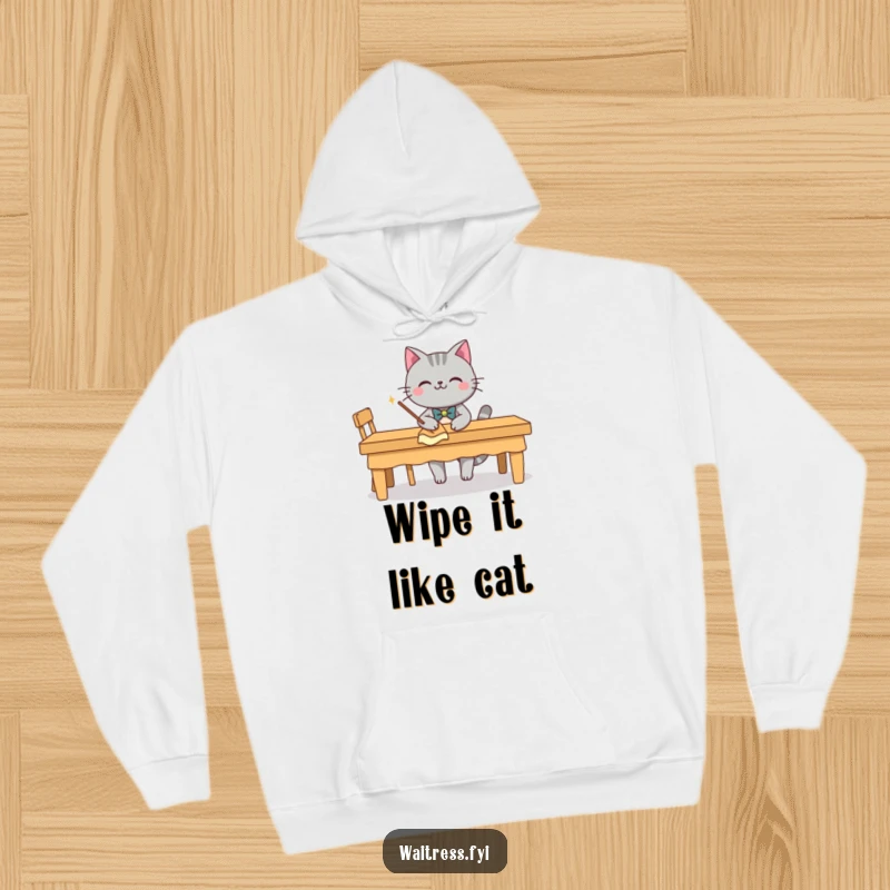 Funny grey cat character with a bow tie, smiling and wiping a table, on a hoodie, a hilarious butler gift.