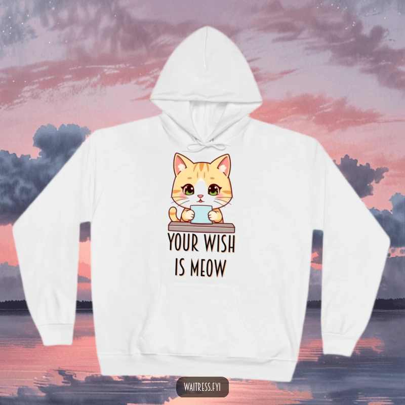 Funny Kawaii Cat Server Hoodie: A cute and polite cat in a server's role, offering warmth and charm in a cozy sweatshirt.