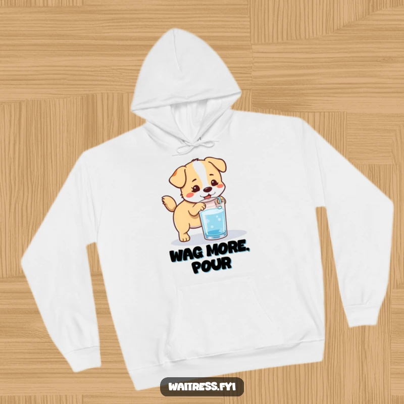 Funny Kawaii Dog Hydration Hoodie: A cute, tail-wagging dog refilling a glass, perfect for cozy warmth and helpful vibes.