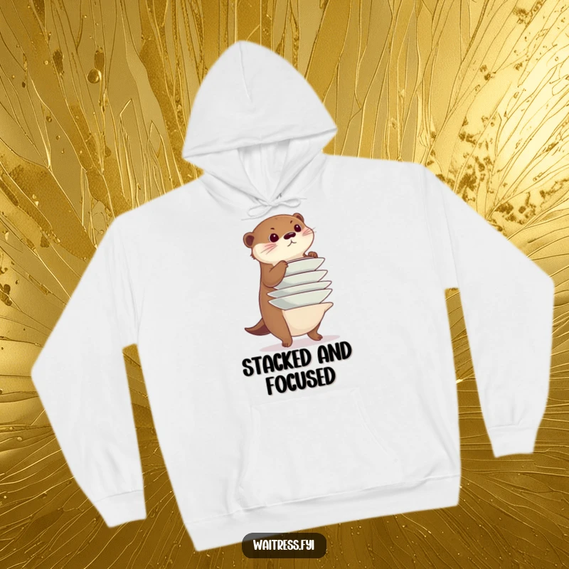 Funny otter hoodie, depicting a diligent otter balancing a precarious stack of plates with a focused gaze, symbolizing skill and perseverance.