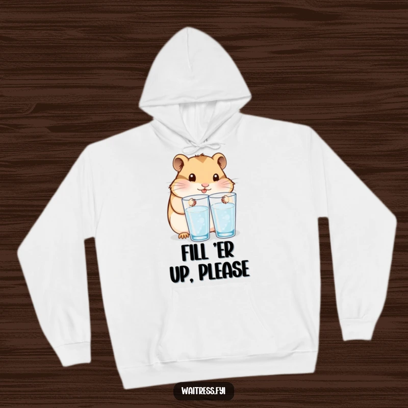Funny hoodie featuring a content Kawaii hamster refilling water glasses, symbolizing cozy care and dedicated service.