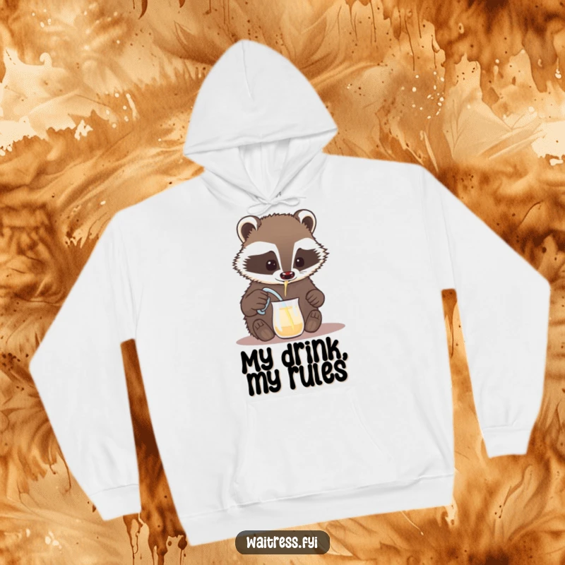 Funny badger hoodie, a brave badger pouring a drink from a tiny pitcher, exuding concentration. Cozy and humorous apparel.