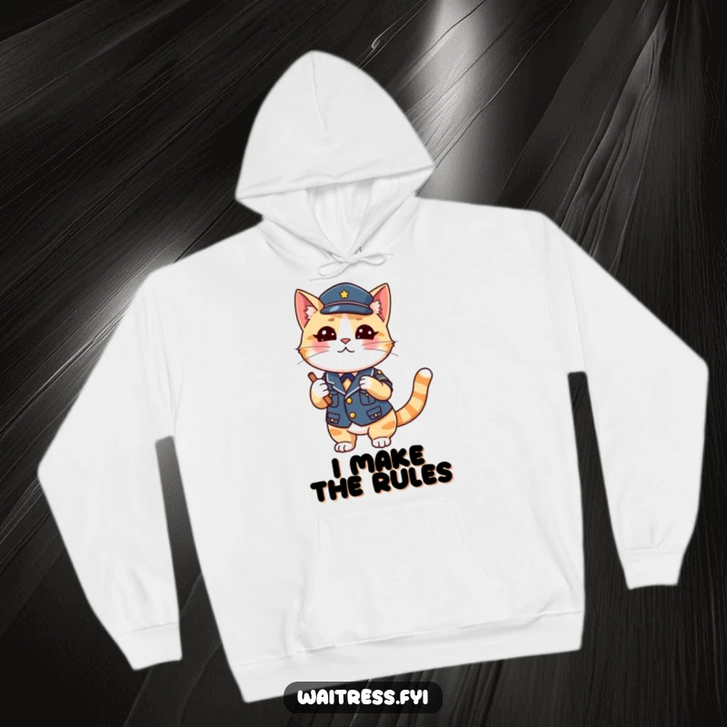 Funny Cat Waiter Hoodie featuring a cute cat waiter in uniform winking, ideal for cozy wear and as a funny gift.