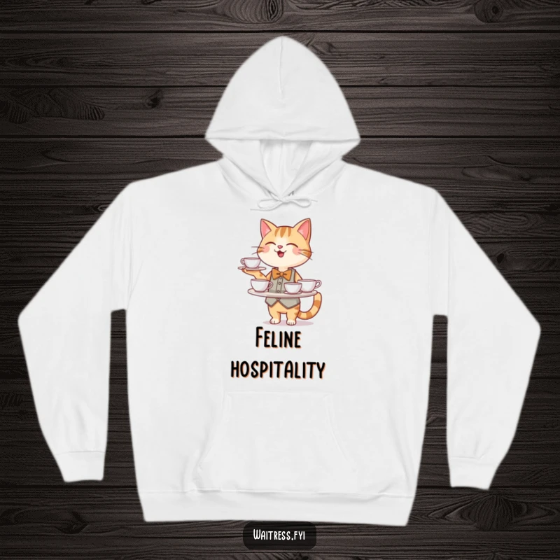 Funny Cat Waiter Hoodie: A happy cat character in a bowtie smoothly balances a tray of teacups, looking professional.