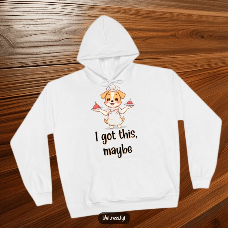 Funny Dog Waitress Hoodie: Adorable dog in apron juggling plates with joy, warm and humorous apparel gift.