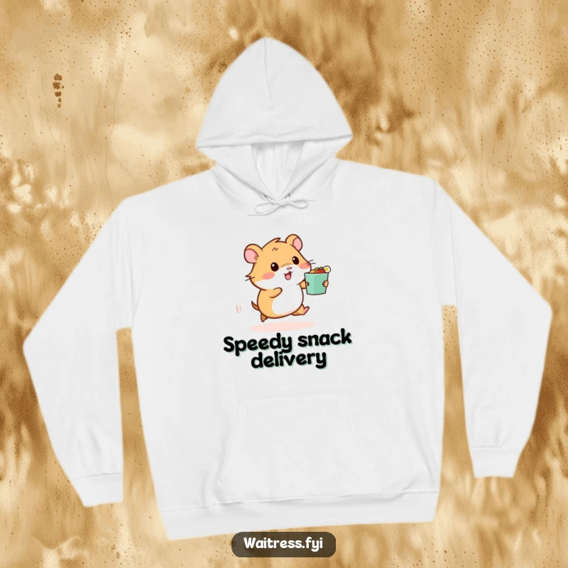 Funny hoodie featuring a busy hamster carrying a food order, perfect for staying warm and enjoying a humorous design.