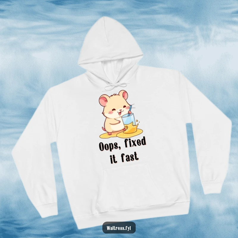 Funny Kawaii Hamster Hoodie: A cuddly hoodie featuring a kawaii hamster quickly and efficiently cleaning up a spilled drink.