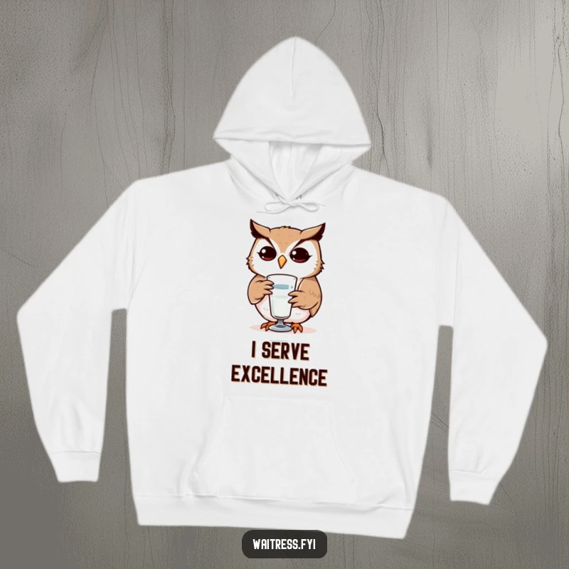 Funny Owl Hoodie: Determined owl character refilling a glass, representing attentiveness and focus, an ideal funny gift.