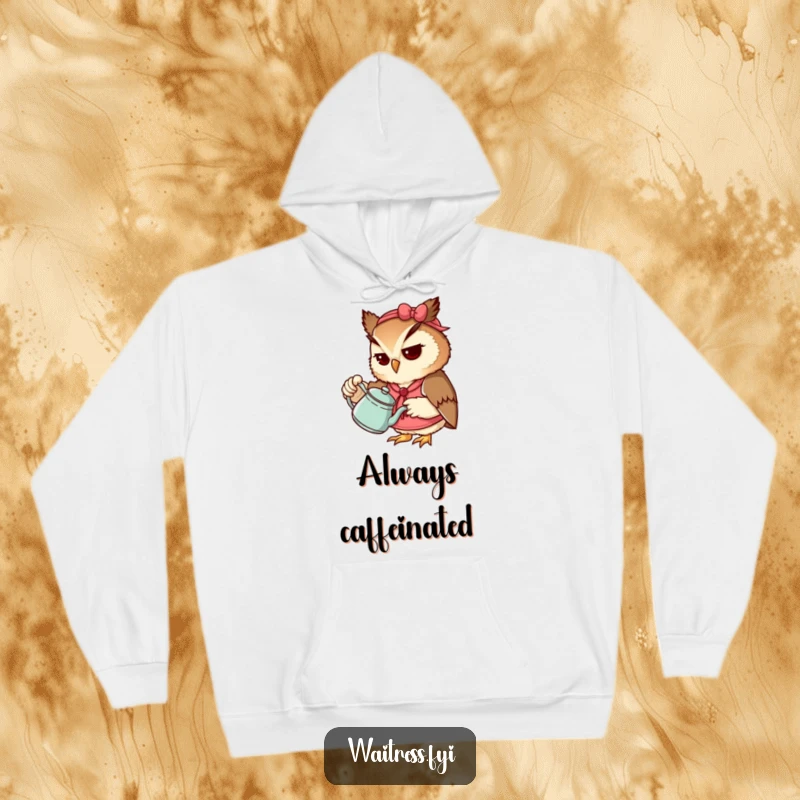Funny Owl Waitress Hoodie with a determined owl pouring tea, ideal for cozy wear and as a funny gift.