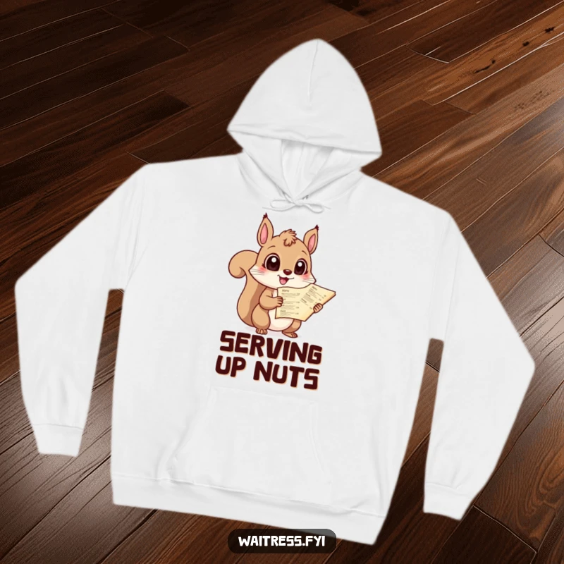 Funny, cozy hoodie featuring a giggling squirrel with wide eyes presenting a menu, great for casual wear and humor lovers.