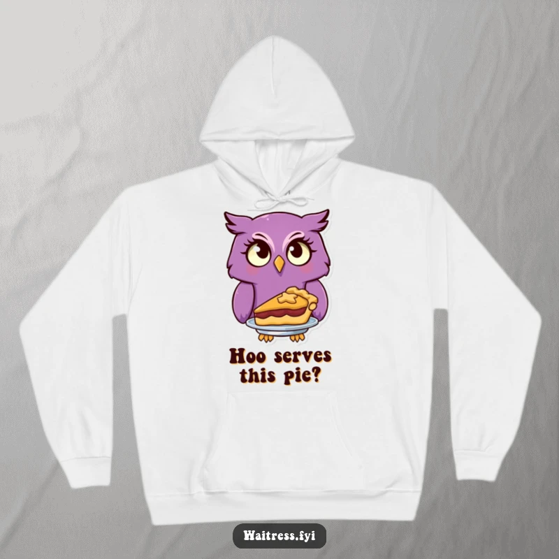 Funny purple owl with a quizzical look serves a delightful pie, offering cozy humor on this hoodie.