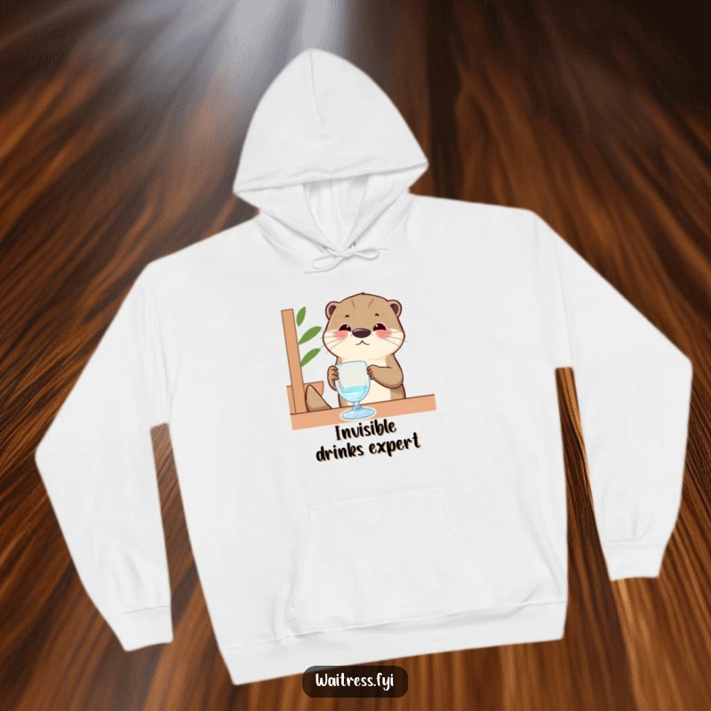Funny Otter Hoodie: A contented otter server carefully polishes an imaginary glass, radiating warmth and humor in a cozy design.
