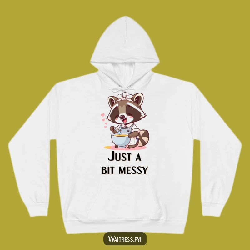 Cozy Funny Raccoon Waitress Hoodie: Warm laughs and imaginary soup spills, a perfect funny gift.