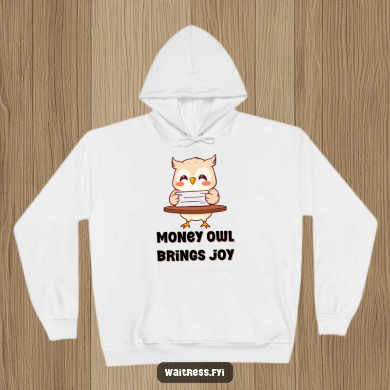 Funny hoodie illustration of a pleased owl carrying a check, offering warmth and a humorous take on financial rewards.