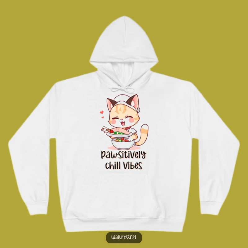 Cozy Funny Cat Waitress Hoodie: Winking Feline Comfort, Hilarious Gift for Cuddles