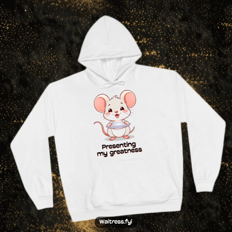 Funny Kawaii mouse hoodie featuring a smiling mouse presenting a plate with a flourish, cozy and stylish.