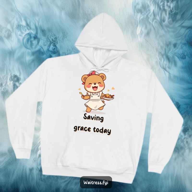 Funny bear waitress hoodie showing a happy bear comically tripping but saving the food, embodying resilience with humor.