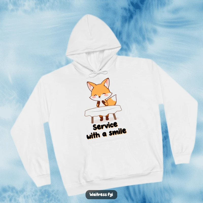 Funny hoodie featuring a blushing fox performing a polite curtsy while clearing away items, embodying politeness and humor.