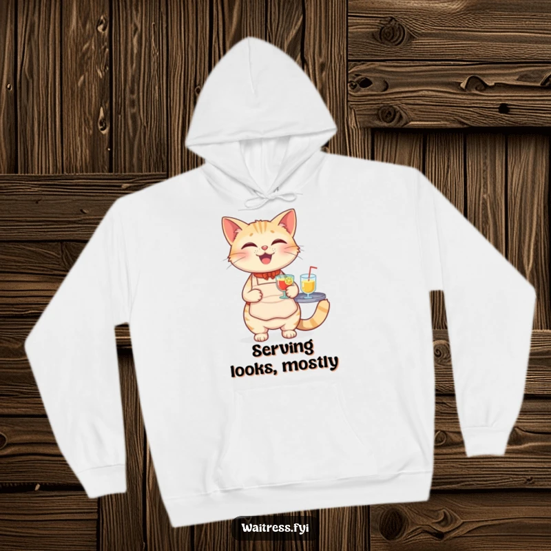 Funny Cat Waiter Hoodie depicting a cheerful cat in an apron, carefully balancing a tray full of drinks.