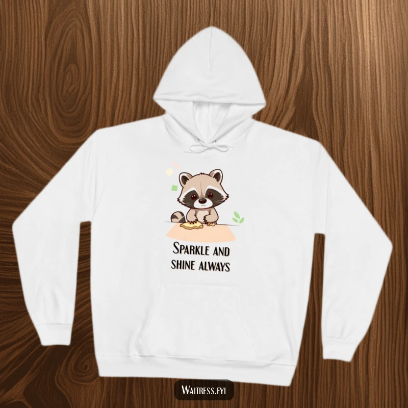 Funny hoodie featuring a busy Kawaii raccoon wiping a table, embodying cleanliness, tidiness, and cozy comfort.